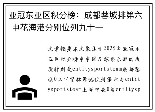 亚冠东亚区积分榜：成都蓉城排第六 申花海港分别位列九十一